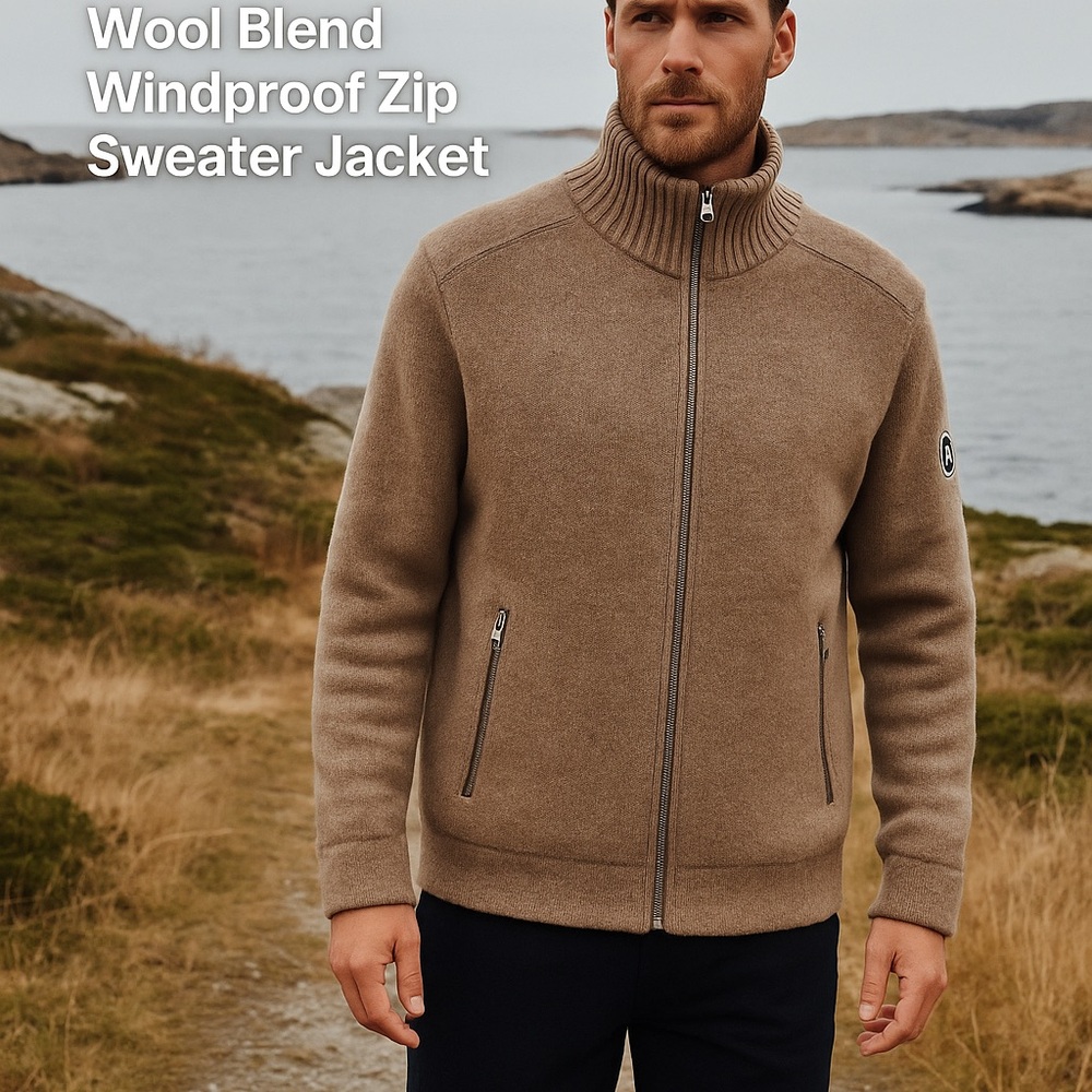 Holebrook Sweden Men's Wool Blend Windproof Zip Sweater Jacket - Tan